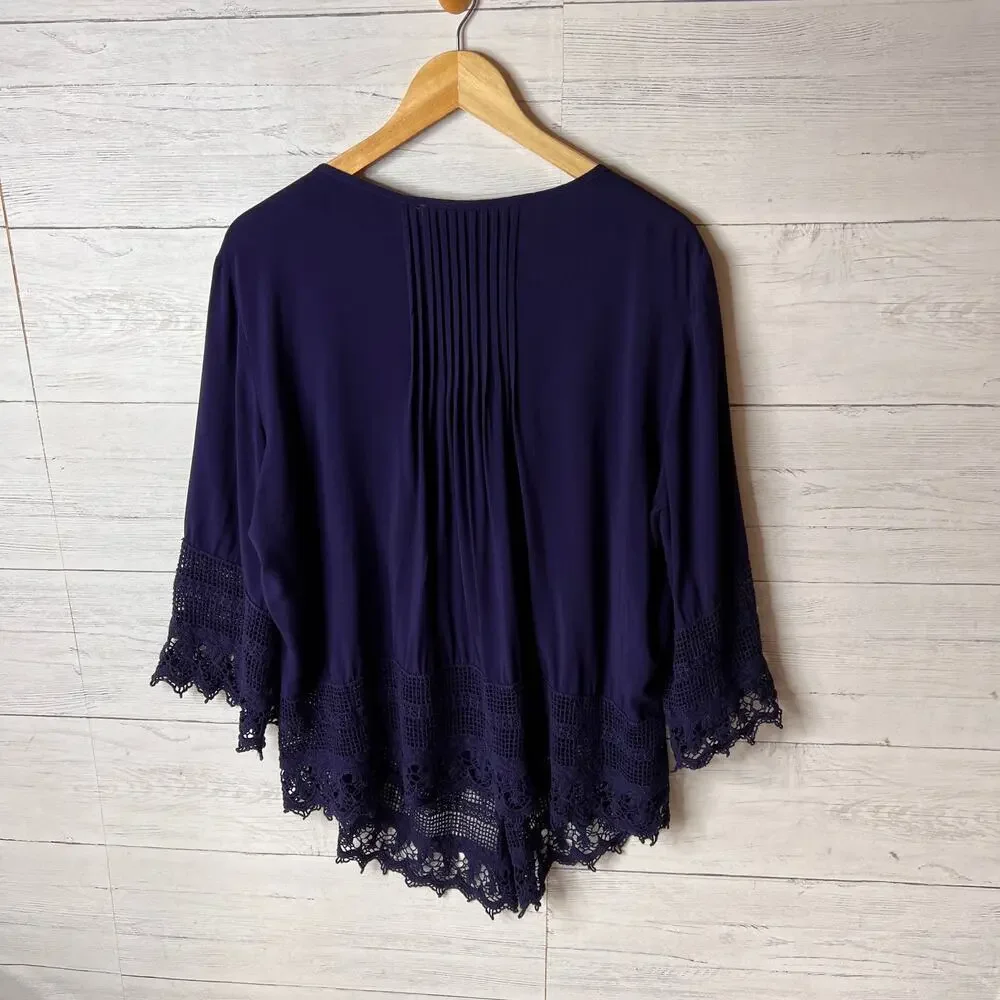 Solitaire Blouse Womens Size 2X Navy Blue Pintuck Button Down Embroidery Boho - Picture 10 of 15